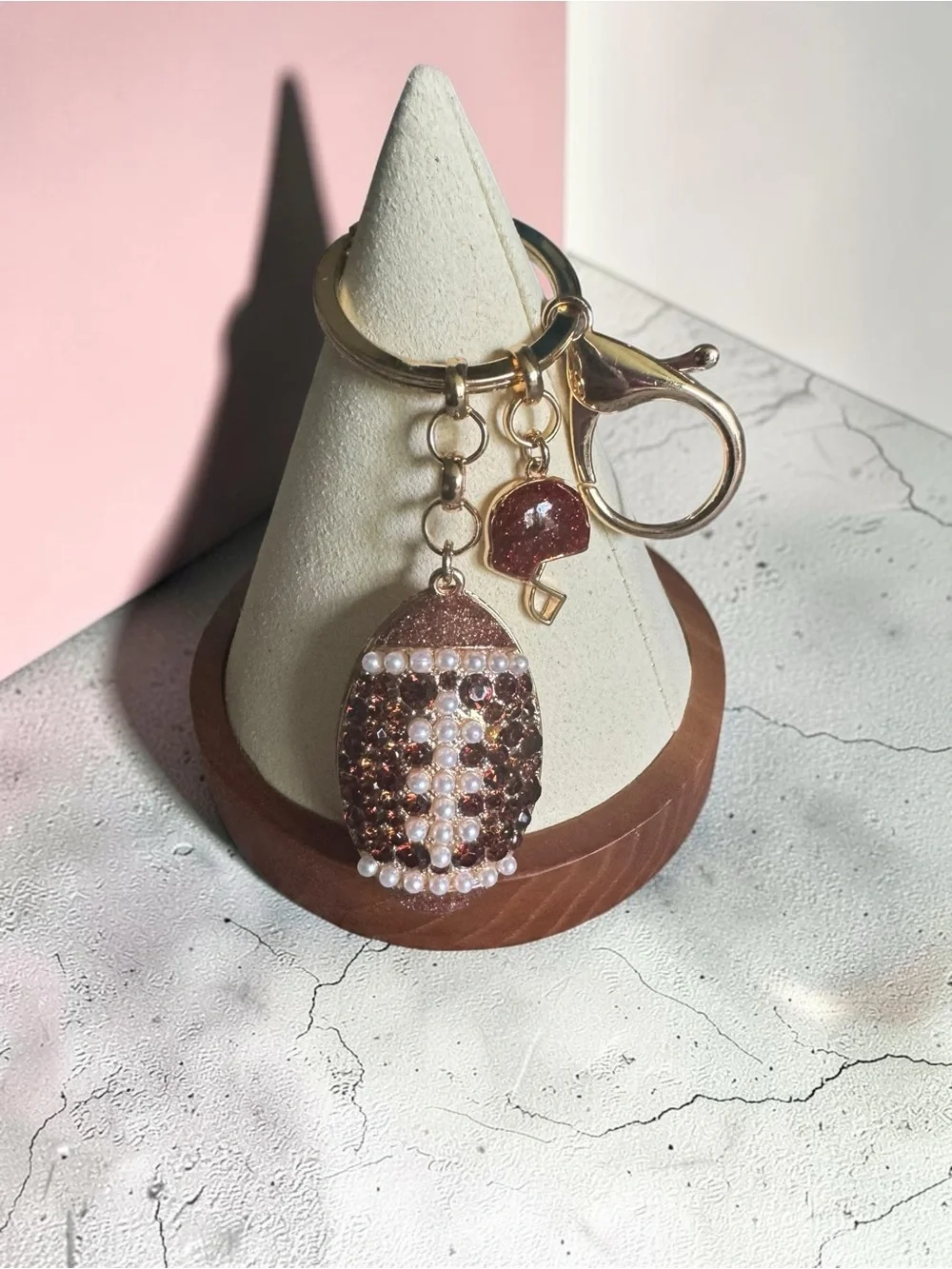 Handcrafted Brown Beaded Football Keychain with Pearl Accents NIP